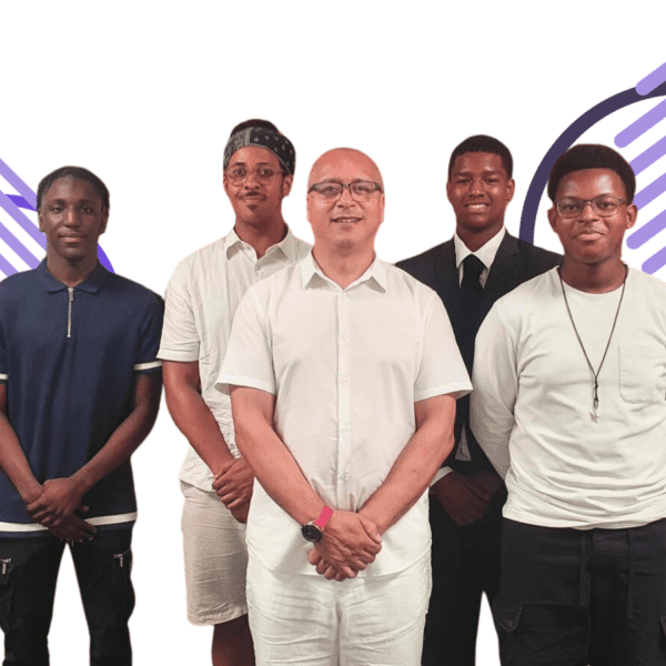 A group of seven smiling men stands in a line against a background featuring purple diagonal stripe patterns and the "MOVING ON UP" logo.