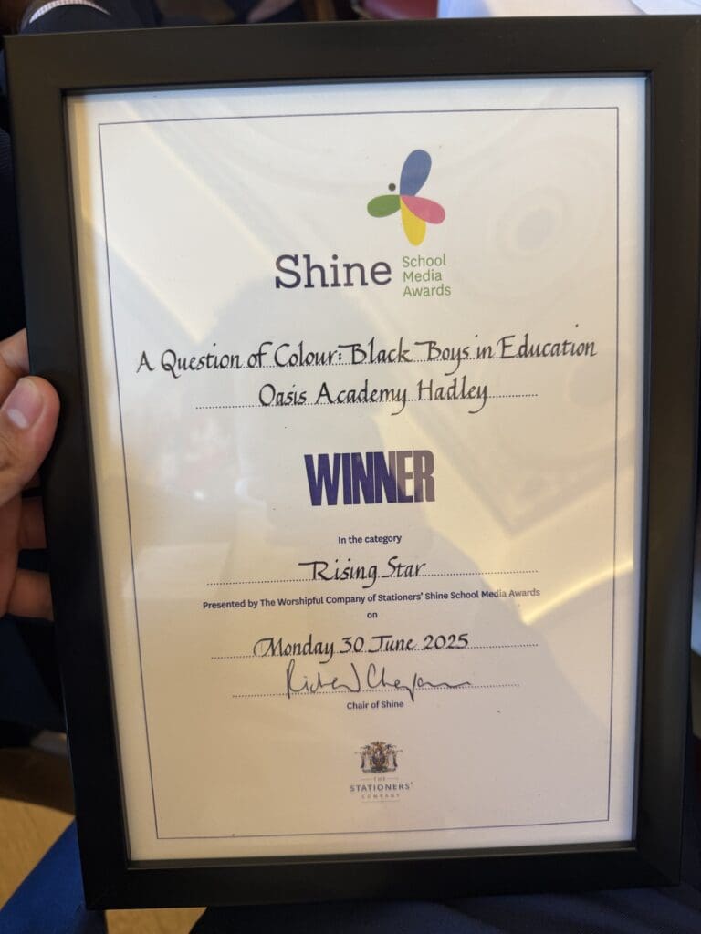 Image of the Shine Award received by the Oasis Hadley Academy year 10 boys for Rising stars award.