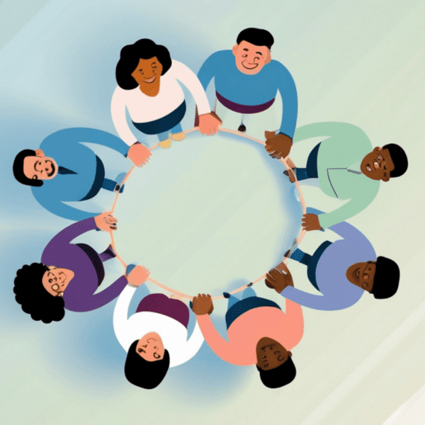 An illustration of a diverse group of nine people from various ethnic backgrounds, shown from a top-down perspective. They are arranged in a circle, smiling and holding onto a large, thin wooden hoop. The group is set against a soft, abstract background of light green and blue diagonal gradients. The image conveys a sense of unity, community, and cooperation.
