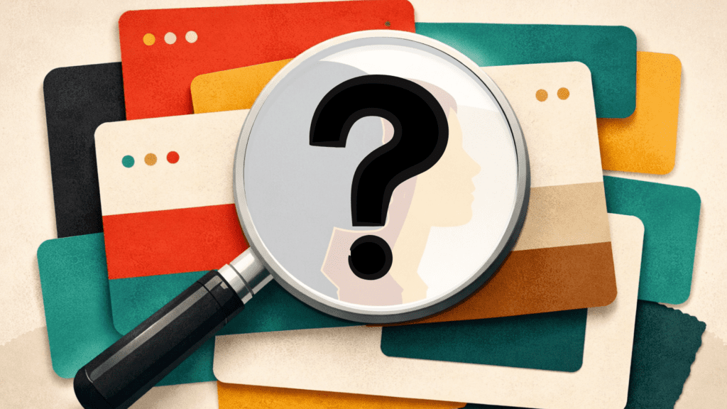 A magnifying glass with a black handle is centered over a collage of overlapping, colorful rectangular cards. A large, bold black question mark is visible through the magnifying lens, layered over faint, stylized silhouettes of two human profiles. The background cards feature a mix of solid colors, including teal, orange, and red, some with small circular icons in the corners. The overall style is a clean, modern digital illustration with a textured, paper-like finish.
