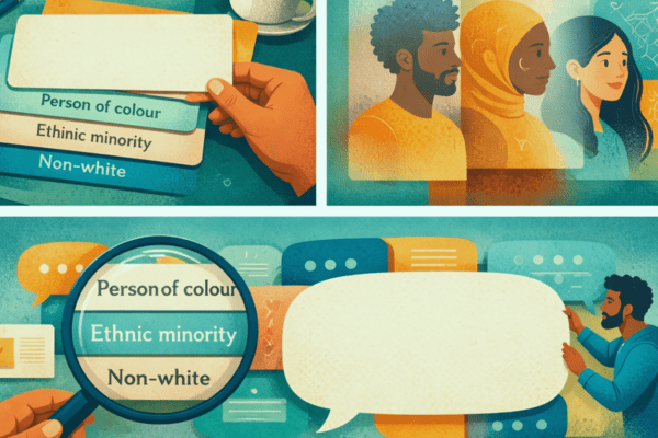 This illustration explores the complexity of racial identity labels. The top-left shows a hand holding a blank card over labels for "Person of colour," "Ethinic minority," and "Non-white." To the right, three individuals of diverse backgrounds are shown in profile. The bottom panel features a magnifying glass magnifying those same terms, while a man stands beside a large, empty speech bubble. The artwork reflects on how diverse groups are categorized and the ongoing dialogue surrounding inclusive language.