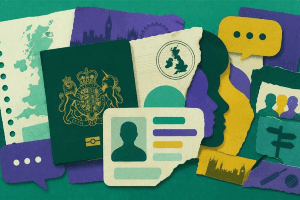 This stylized illustration explores themes of identity, citizenship, and travel within the United Kingdom, featuring a British passport to represent national identity and international movement, alongside ID card icons that suggest official documentation and personal identification; silhouettes of faces and chat bubbles convey communication and social interaction, while maps of the UK, the London skyline, and cricket imagery reinforce the British cultural and geographic context.