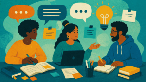 An illustration shows three diverse students collaborating at a desk filled with books, notebooks, and a laptop. A woman in the center speaks to a man on the right, while a woman on the left takes notes. Above them, colorful speech bubbles and a glowing lightbulb represent active communication and the sharing of ideas. The background is a soft teal with floating sticky notes, creating a vibrant atmosphere of teamwork, creativity, and academic focus.