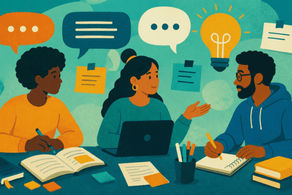 An illustration shows three diverse students collaborating at a desk filled with books, notebooks, and a laptop. A woman in the center speaks to a man on the right, while a woman on the left takes notes. Above them, colorful speech bubbles and a glowing lightbulb represent active communication and the sharing of ideas. The background is a soft teal with floating sticky notes, creating a vibrant atmosphere of teamwork, creativity, and academic focus.