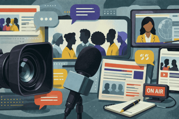 An abstract illustration representing modern journalism and media. A large professional video camera lens dominates the left side, while a microphone and notepad sit in the foreground. Various digital screens—including a tablet, smartphone, and monitors—display news segments, interviews with diverse people, and text-heavy articles. Floating speech bubbles and an "ON AIR" sign emphasize communication. The art style is flat and graphic with a muted color palette of blues, yellows, and oranges, symbolizing a connected, multi-platform news environment.