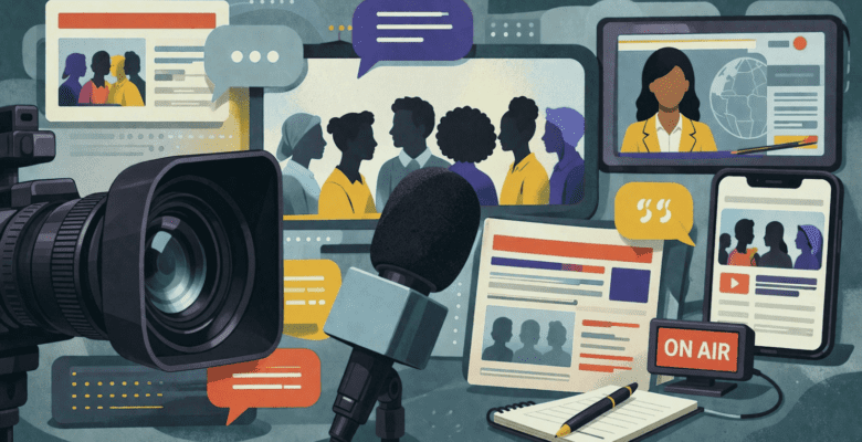 An abstract illustration representing modern journalism and media. A large professional video camera lens dominates the left side, while a microphone and notepad sit in the foreground. Various digital screens—including a tablet, smartphone, and monitors—display news segments, interviews with diverse people, and text-heavy articles. Floating speech bubbles and an "ON AIR" sign emphasize communication. The art style is flat and graphic with a muted color palette of blues, yellows, and oranges, symbolizing a connected, multi-platform news environment.