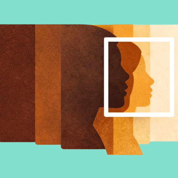 The image features a series of overlapping female silhouettes in profile, layered horizontally from left to right. The profiles transition through a gradient of skin tones, including deep brown, mahogany, terracotta, tan, and cream. A white square frame is placed over the right side of the composition, highlighting the intersection of three profiles. The entire group is set against a solid, bright teal background, creating a minimalist and graphic editorial style.