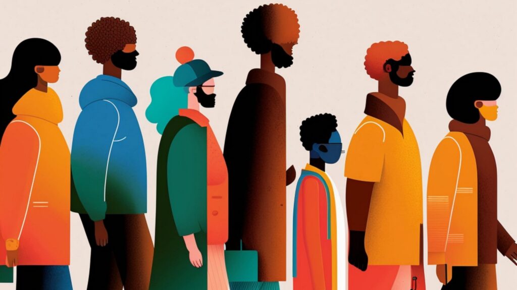 An illustration depicts a line of seven stylized figures of varying heights shown in profile, facing right against a plain, light beige background. The figures have different skin tones, hairstyles, and facial hair. They are dressed in various colorful garments, including a hooded jacket, a long coat, and a hat. The artwork uses a flat, minimalist style with clean lines and vibrant color gradients in shades of orange, teal, brown, and blue.