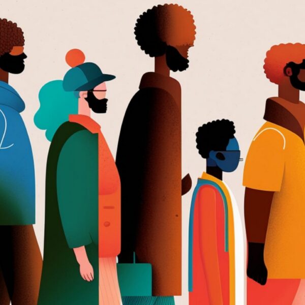 An illustration depicts a line of seven stylized figures of varying heights shown in profile, facing right against a plain, light beige background. The figures have different skin tones, hairstyles, and facial hair. They are dressed in various colorful garments, including a hooded jacket, a long coat, and a hat. The artwork uses a flat, minimalist style with clean lines and vibrant color gradients in shades of orange, teal, brown, and blue.