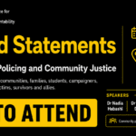 Event graphic for "Beyond Statements: Black Women, Policing and Community Justice" conference on May 16, 2026, at University of East London. Free to attend with listed speakers.