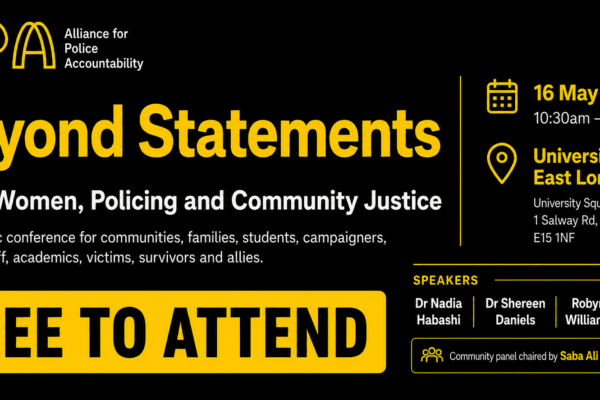 Event graphic for "Beyond Statements: Black Women, Policing and Community Justice" conference on May 16, 2026, at University of East London. Free to attend with listed speakers.