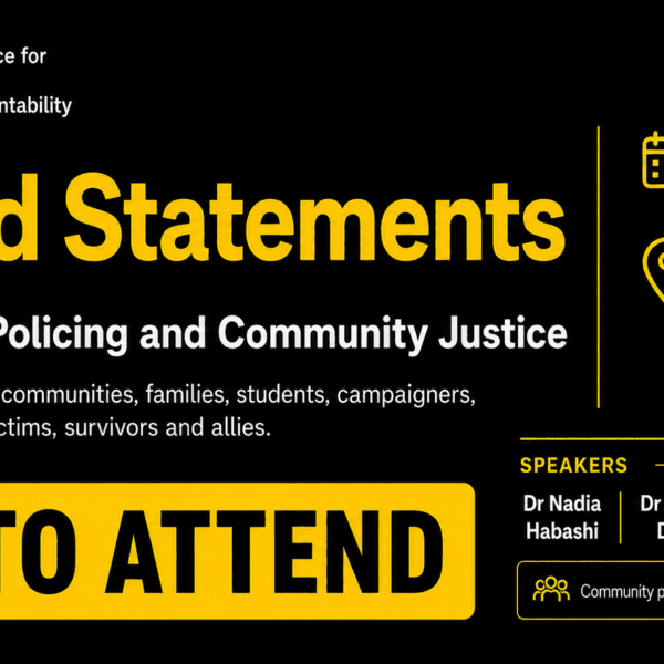 Event graphic for "Beyond Statements: Black Women, Policing and Community Justice" conference on May 16, 2026, at University of East London. Free to attend with listed speakers.