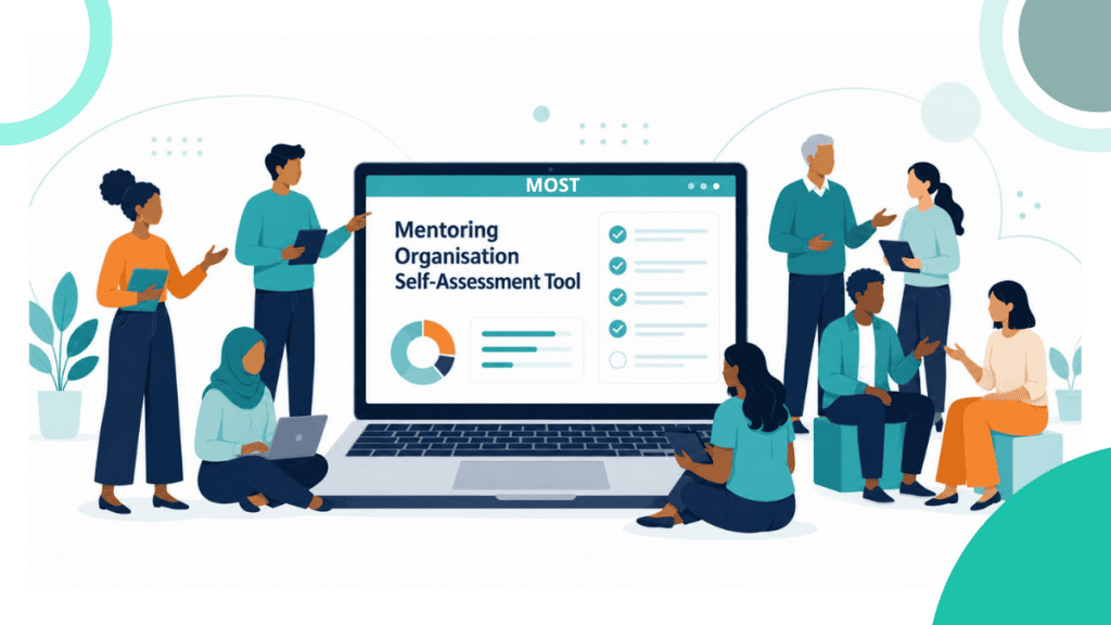 Cartooned Illustration of diverse mentoring professionals gathered around a laptop displaying the Mentoring Organisation Self-Assessment Tool.