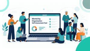 Cartooned Illustration of diverse mentoring professionals gathered around a laptop displaying the Mentoring Organisation Self-Assessment Tool.