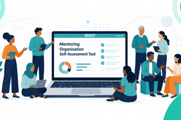 Cartooned Illustration of diverse mentoring professionals gathered around a laptop displaying the Mentoring Organisation Self-Assessment Tool.