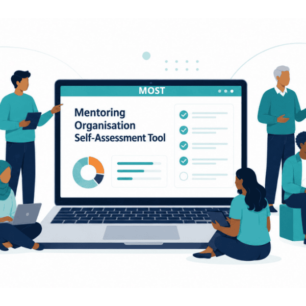 Cartooned Illustration of diverse mentoring professionals gathered around a laptop displaying the Mentoring Organisation Self-Assessment Tool.