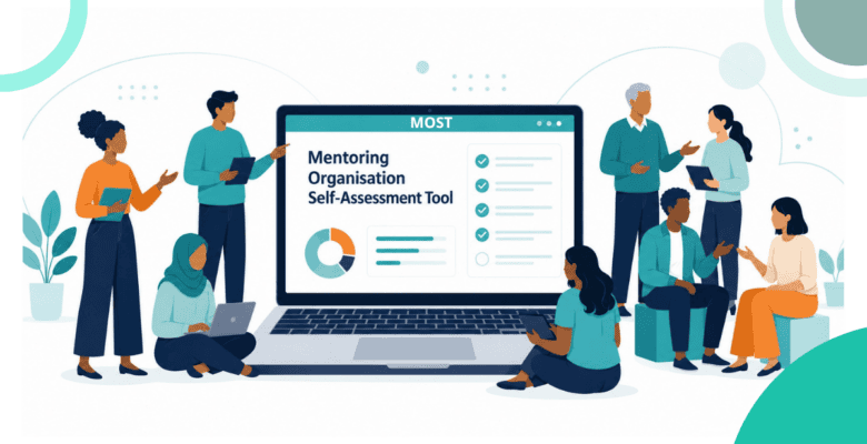 Cartooned Illustration of diverse mentoring professionals gathered around a laptop displaying the Mentoring Organisation Self-Assessment Tool.